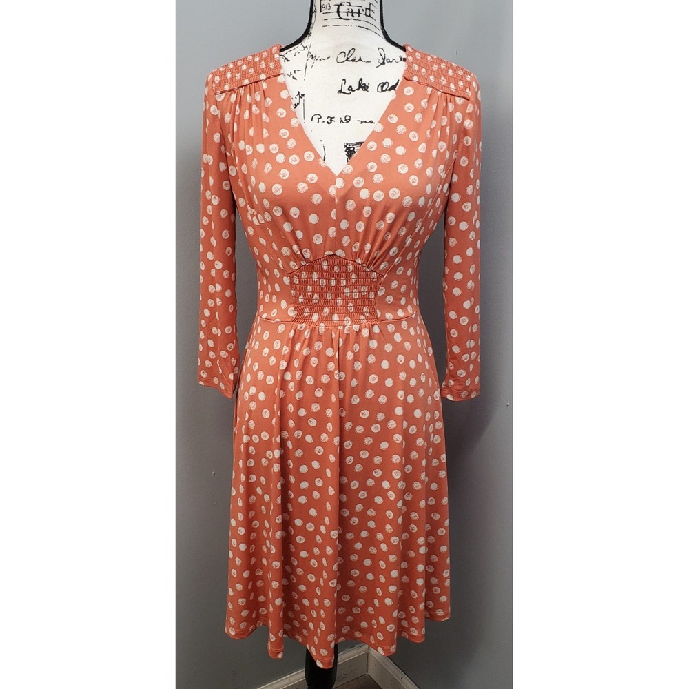Maggy London Flare Dress Women's 4 Orange White Polka Dot Smocked Deep V-Neck
